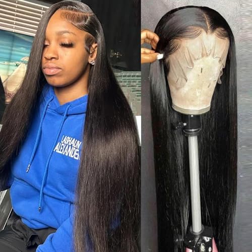 13x6 Lace Front Wigs Human Hair Straight Glueless Wig Natural Black HD Transparent Lace Front Wig Pre Plucked with Baby Hair Brazilian Remy Human Hair Wigs for Black Women - 180 Density 20 Inch
