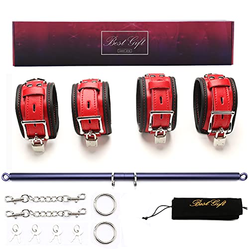 EXREIZST Adjustable Pilates Spreader Bar with 4 Premium Soft Pad Leather Straps 2 Chains Expandable Sports Aid Training Fitness Kit, Blue and Red