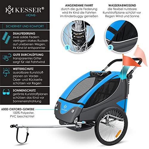 KESSER® Kinderanhänger Fahrradanhänger 360° Drehbar mit Federung 2in1 Joggerfunktion Kinderfahrradanhänger + 5-Punkt Gurt Jogger Fahrrad Anhänger für 1 bis 2 Kinder max. 40kg Inkl. Warnfahne, Blau