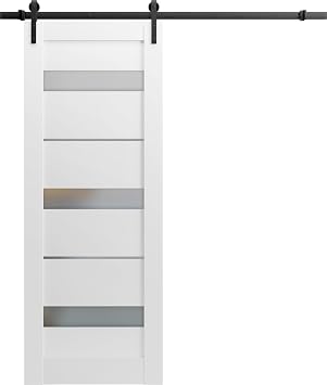 SARTODOORS Quadro 4055 | Interior Single Sliding barn Door with Frosted Glass, MDF, 24x84, White, Modern Style | Hardware Included