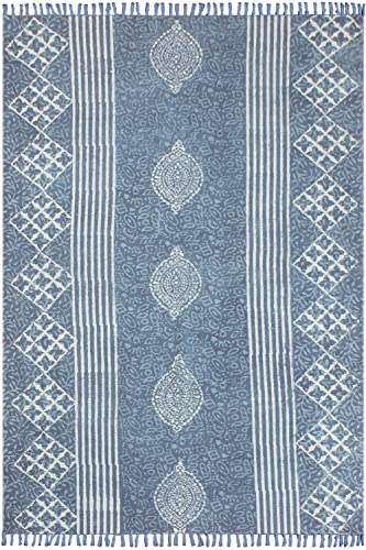 Tapis géométrique bleu indigo en coton idéal pour salon cosy - 2