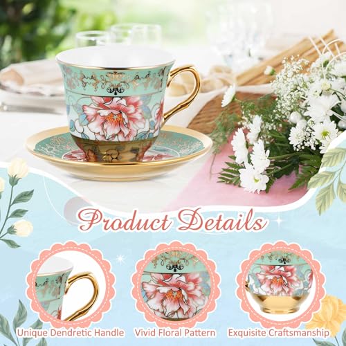 Teenyyou Set of 12 Tea Cups and Saucers Tea Party Decorations Floral Porcelain 5.4 oz British Gift for Women Birthday Party, Church, and Mother's Day (Stylish Style) by Teenyyou - Image 7