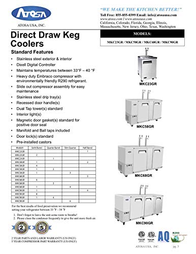 Kegerator Beer Dispenser with 2 Tap Towers, Atosa Commercial Keg Cooler Refrigerator, MKC58 - Thumbnail 2