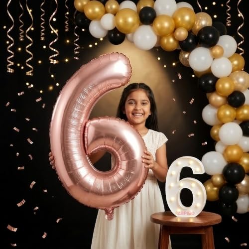 Image of Balloonistics Rose Gold 40-Inch Foil Number 6 Balloon with Matching LED Marquee Light - Combo Set for 6th Birthday, Anniversary, Party Decoration, Photo Booth Backdrop