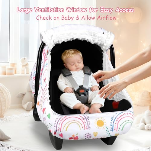 Image of Winter Car Seat Cover Baby with Sunshade & Dual Zipper Windows - Minky Bubble Lined Windproof Soft Shell, Warm Newborn Car Seat Canopy Covers, Elastic Bottom for Stroller & Infant Car Seat, Rainbow