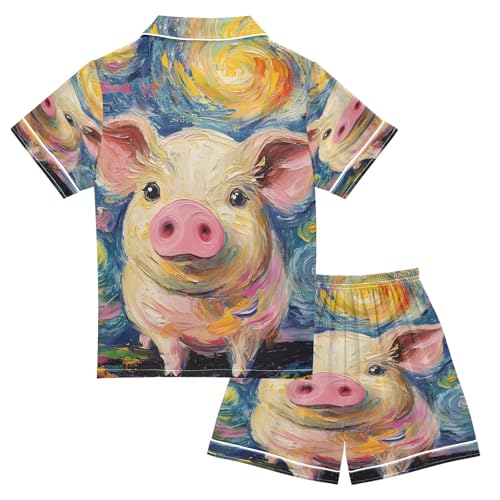 ALAZA Starry Sky Pig Van Gogh Satin Pajamas Set Short Sleeve Button Down Sleepwear Summer Pjs 2 Piece2