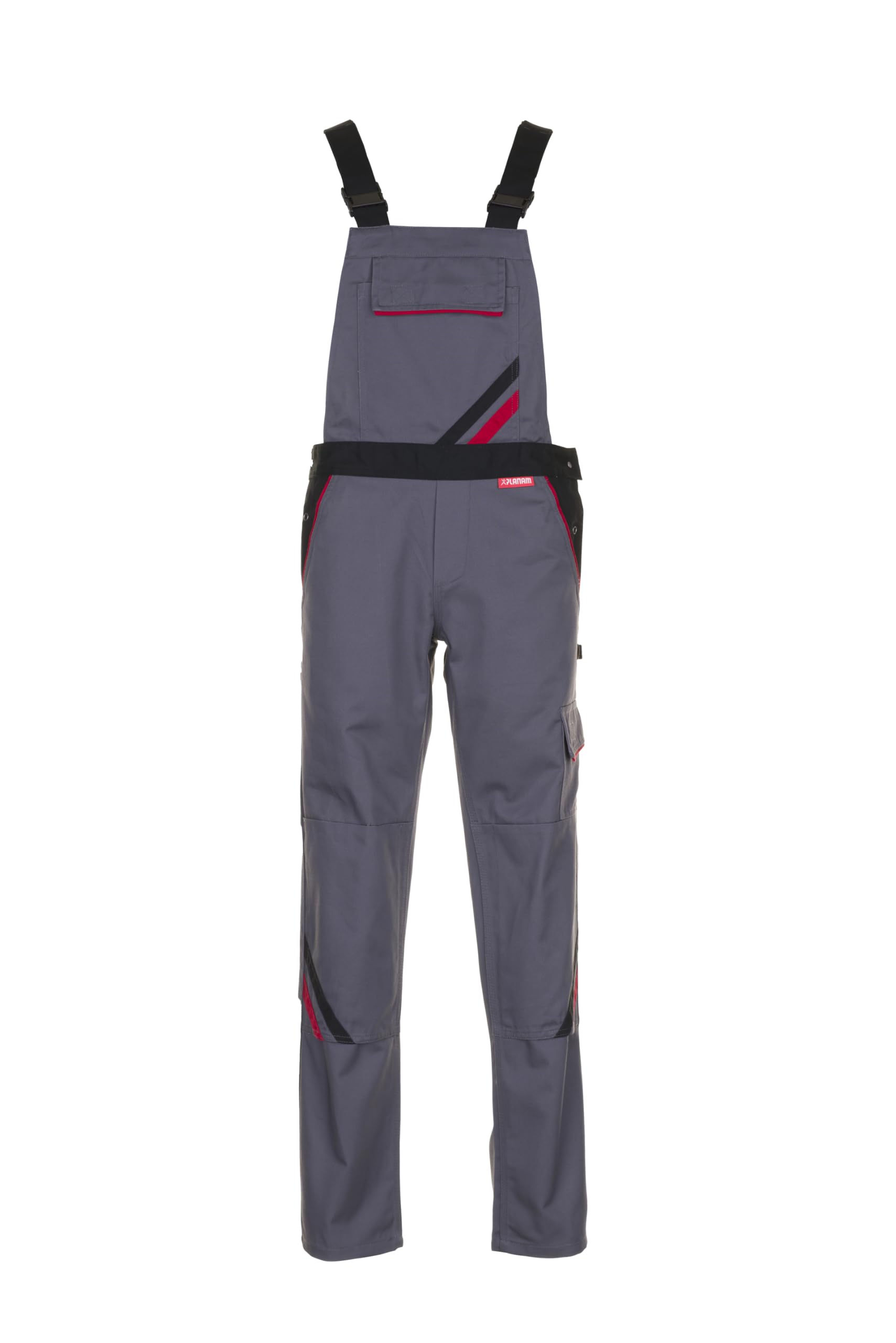 Planam Highline Damen Latzhose Schiefer/schwarz/rot, Größe 46