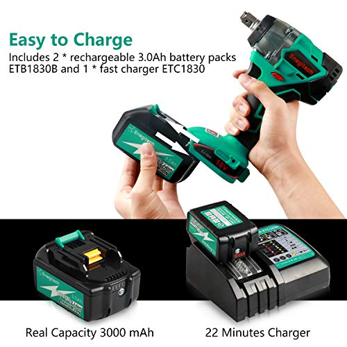 Enegitech 18V Lithium-ion Impact Wrench Combo Kit, ½" Drive, Brushless Motor, 3097 in.lbs Torque 4 Speed Cordless Power Tool with 2 x 3.0Ah Battery and 1 x 30 min Fast Charger ET01C