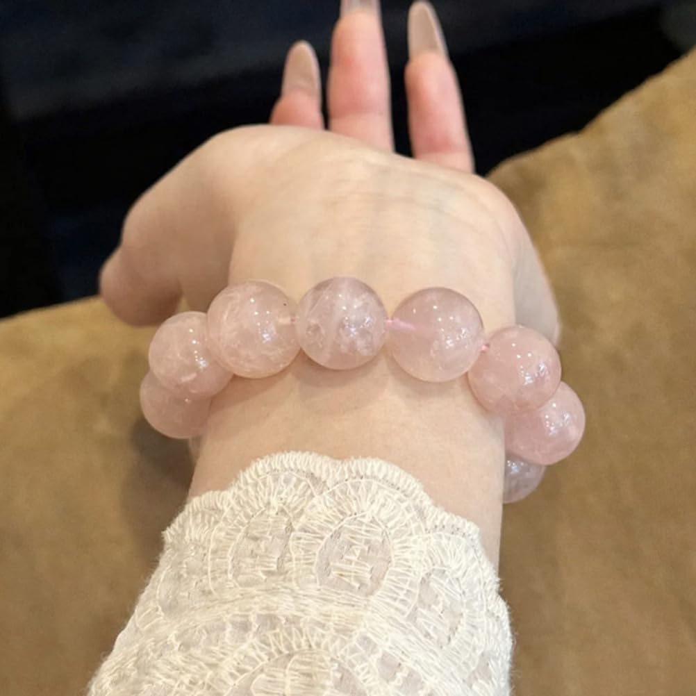 Bracciale in Cristallo di Quarzo Rosa da 14 mm con Gioielli in Pietra Rosa Naturale in Lega con Perline per Amor Proprio ed energia positiva, Accessorio Moda Elastico Elasticizzato