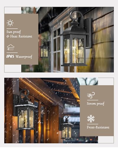 Image of FEMILA 2 Packs Outdoor Waterproof Wall Lights Fixture, 15 inch Wall Lantern for Porch, Anti-Rust Matte Black Finish with Water Ripple Glass,4FD54B-2PK BK-WP
