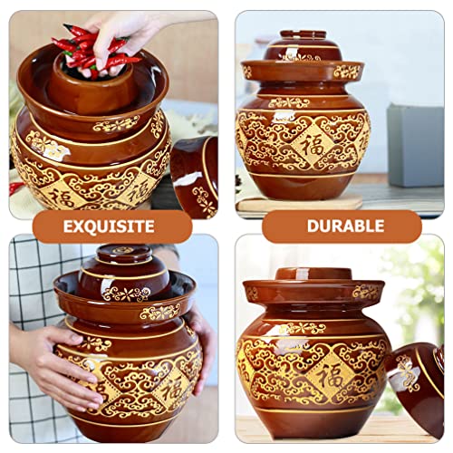 4L Ceramic Pickles Jar Household Terracotta Pickles Crock Sealing Can With Lid Traditional Chinese Terracotta Fermenting Jar With Water Seal Airlock Lid For Make Sauerkraut Kimchi #TOP7
