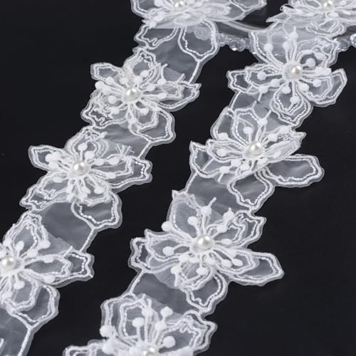 URROMA - URROMA Spitzenband mit 3D-Blumenverzierung, weißer Organza, bestickt, Spitzenband, Nähstoff, Applikation für Bastelarbeiten, Hochzeitskleid, 4 m