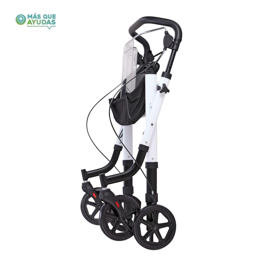 Andador Rollator para minusválidos, ancianos, ligero, plegable, frenos por presión, aluminio con bandeja transparente y bolsa extraíble, ruedas de 20 cm diámetro.