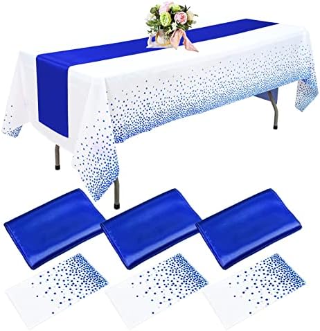 3 Pack Satin Table Runner Silver 12x108 Inch and 3 Disposable Plastic Tablecloths Waterproof Table Cover 54 x 108 Inch Rectangle Table Cloths for Party Decoration Thanksgiving Wedding Anniversary