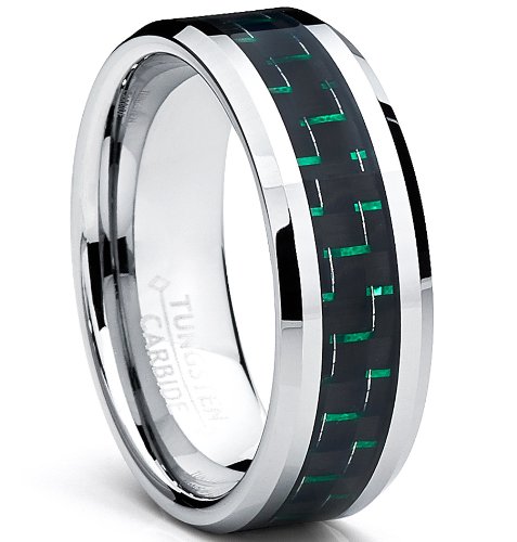 Bonndorf 9MM Men's Tungsten Carbide Ring W/Black & Green Carbon Fiber Inaly Size 10.5
