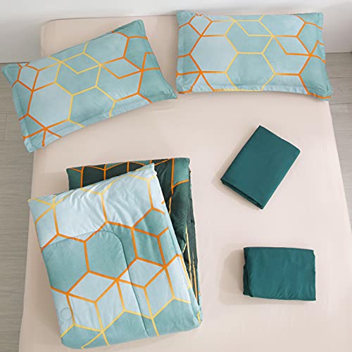 Yearning 5Pc Green Comforter Set King Size Geometric Bedding Sets Soft Microfiber With Quilt, Fitted Sheet, Flat Sheet And 2 Matching Pillowcase #TOP5
