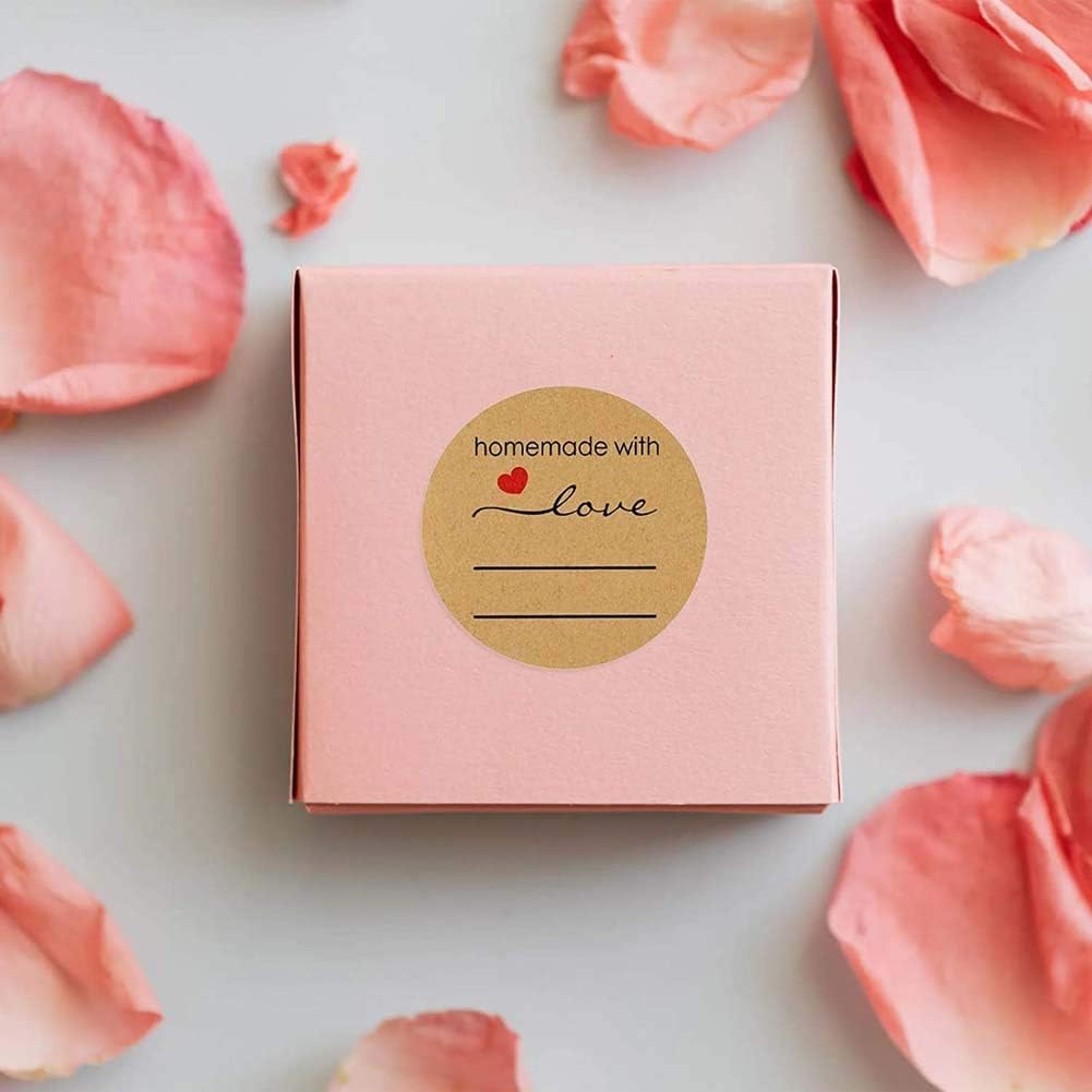 1000 szt. domowych naklejek z miłością, 2,5 cm małe okrągłe naklejki do pieczenia, naklejki na wypieki, opakowania dżemu, butelki do konserwowania, torebki na ciasteczka z liniami (brązowe)