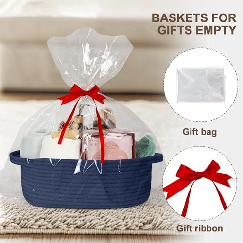 Image of Small Baskets for Gifts Empty, 13 inchx 9 inchx 5 inch Woven Gift Basket with Bag and Ribbon, Cotton Rope Kids Dog Cat Toy Bin Box, Cute Baby Nursery Organizer, Decorative Storage with Handles,Dark Blue