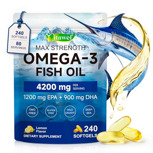 Image of Omega 3 Fish Oil 240 Softgels 4200mg with High Strength EPA 1200mg DHA 900mg,Triple Concentrate Lemon Flavour, Easy to Digest,Wild Caught Deep Sea,Daily Wellness Routine,80 Day Supply