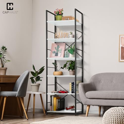 Image of CAPHAUS 6 Tier Bookshelf, 24 Inch Width Free Standing Shelf, Bookcase Shelf Storage Organizer, Industrial Book Shelves for Home Office, Living Room, Kitchen, White Shelves & Metal Frame