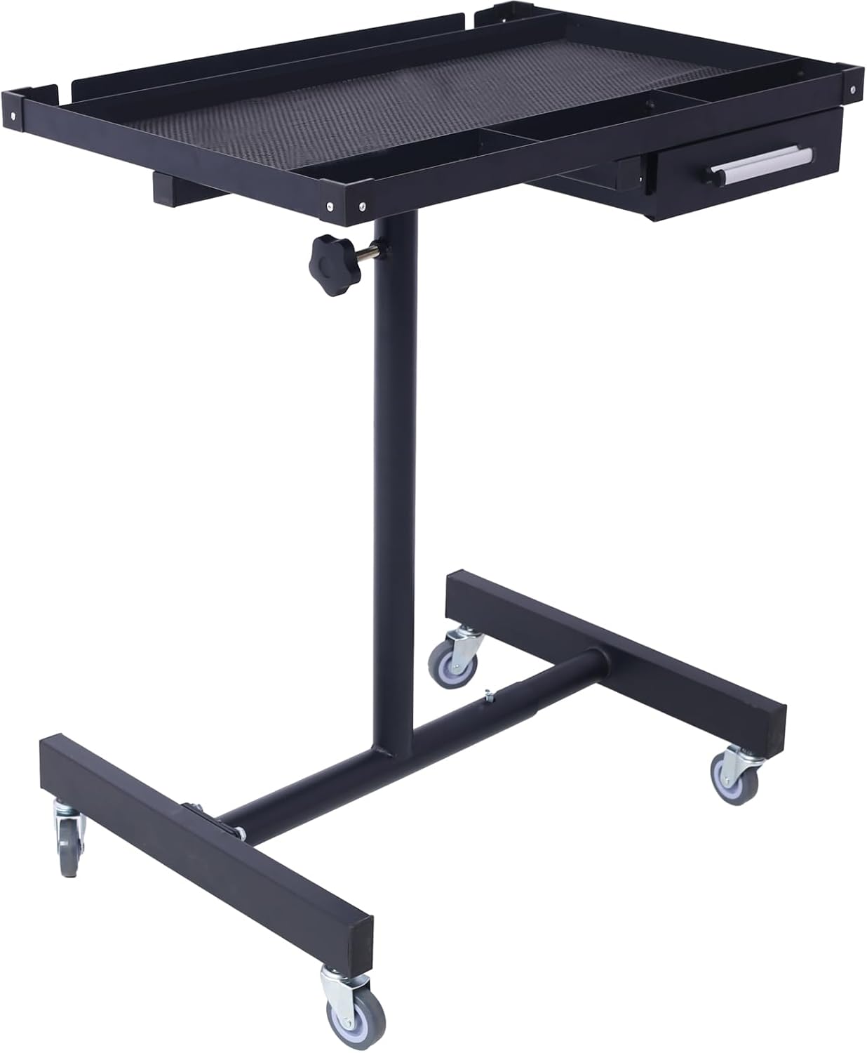 Adjustable Tear Down Work Table with Drawer, 220 lb Capacity, Portable with 2.5" Swivel Casters, Rubber Corners, Heavy-Duty Steel for Garages, Repair Shops, DIY (Black, Standard)