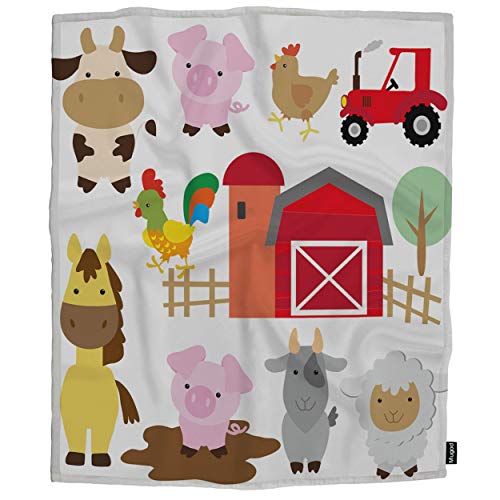 Mugod Cartoon Animals Throw Blanket Cute Farm Animals Pig Cow Horse Sheep Goat Hen Rooster And Barn Decorative Soft Warm Cozy Flannel Plush Throws Blankets For Baby Toddler Dog Cat 30 X 40 Inch #TOP3