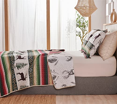 Belista Lodge Reversible Quilt Set Queen Size (90 X 90 Inches), Rustic Cabin Woods Deer Bear Pine Tree Rainbow Stripe Printed Bedspread Coverlet Bedding Cover Lightweight Bed Set For Bedroom Decor #TOP2