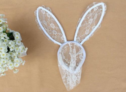 JIEAK Sexy Lace Masquerade Funny Masks Flower Rabbit Ears for Prom Veil Headband for Costume Balls (White)