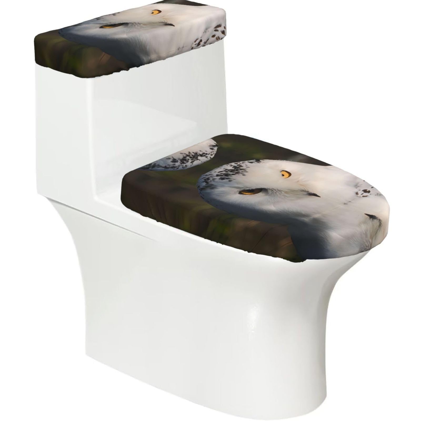 Wzycwb Black Snowy Owl Eyes 2-Piece Toilet Seat Cover Set With Tank Lid, Elastic Fit For U-Shape & Elongated Toilets, Bathroom Decor, Housewarming Gift
