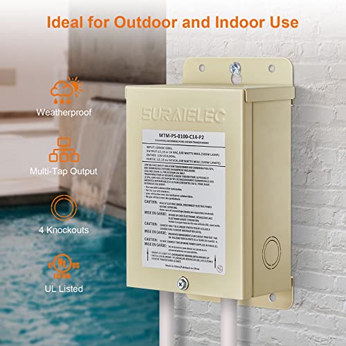 Suraielec 100W Pool Light Transformer, 120V To 12V 13V 14V Ac Multi Tap Outputs, Low Voltage Safety Transformer For Pool Spa Lighting, Fountain, Landscape Lights, Ul Listed #TOP2