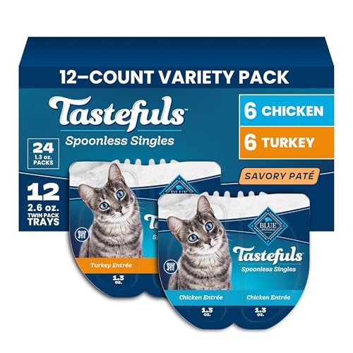 Blue Buffalo Tastefuls Pat Spoonless Single Wet Cat Food Variety Pack (Chicken & Turkey) Made with Natural Ingredients Enhanced with Minerals & Other Nutrients 2.6-oz. Twin-Pack Trays (12 Count)