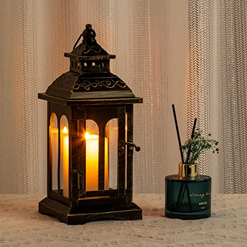 Decorkey Candle Lantern Decorative, Outdoor&Indoor Vintage Metal Lanterns With Clear Glass, Tabletop&Hanging Candle Holders For Patio Front Porch Wedding Party Black With Copper Brush #TOP3