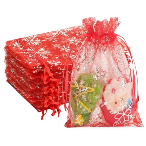 G2PLUS 50PCS Sacs Organza Rouge Petit Sachet Pochette Bijoux Avec Motif Flocon de Neige,10x15cm Sachets de Lavande-Cadeaux pour Bijoux Cadeaux Bonbons Marriage