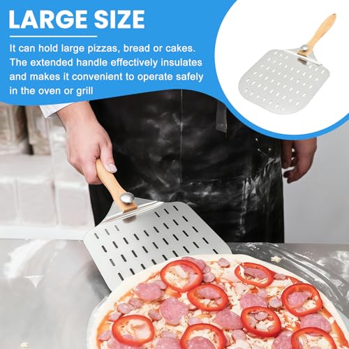 LEKEFETO Pizzaschieber Edelstahl: 31x31cm Pizzaschaufel mit Abnehmbarem Griff, Aluminium Pizzaschieber Perforiert, Pizza Schieber für Grill & Backofen Zum Einfachen Verstauen für Große Pizza