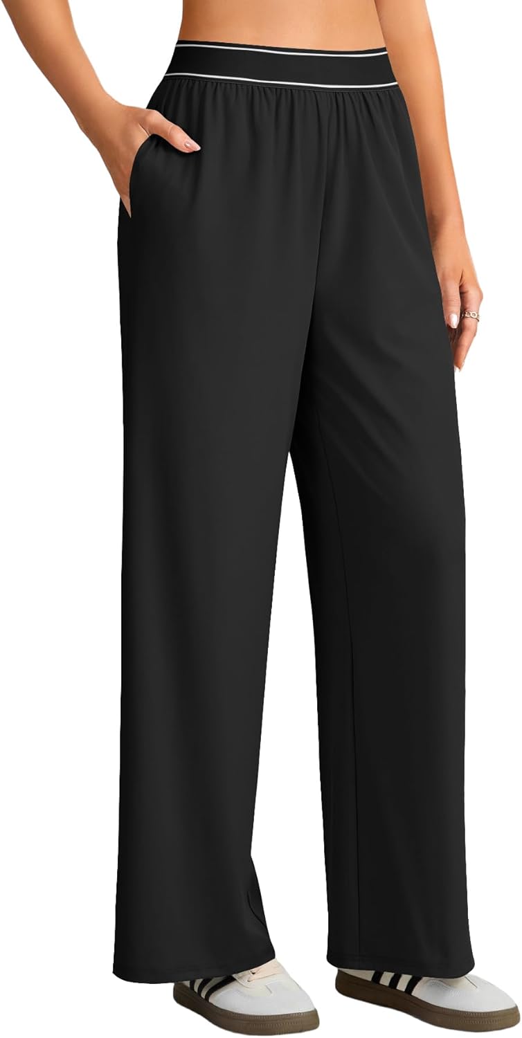 Rooscier Women's Elastic Band High Waist Wide Leg Athletic Pants with Pockets