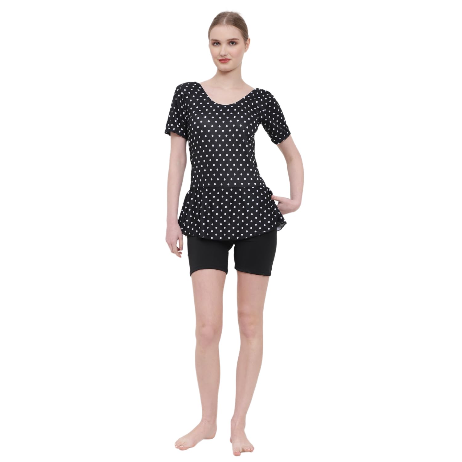 Printed Dots Swimming Costume for Women,One Piece Swim Suit for Ladies and Girls,Stretchable Fabric with Half Sleaves and Frock Style for Holidays, Beach and Pool