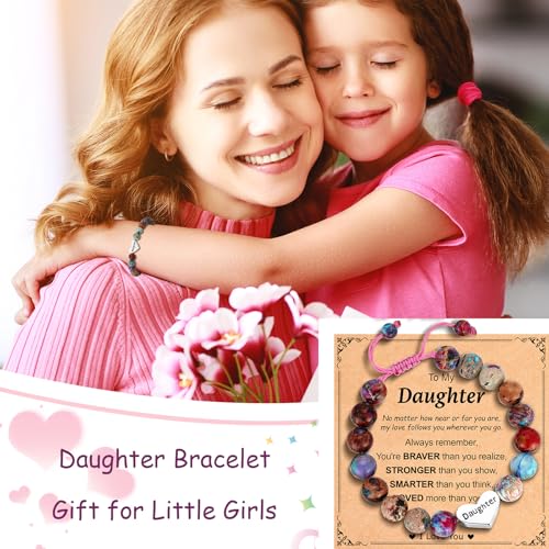 Image of Granddaughter Daughter Gifts -Heart Natural Stone Beaded Bracelet for Girls, Valentines Birthday Gifts for Girls Daughter Granddaughter