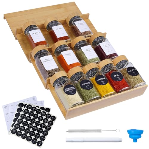 Bamboo Spice Rack for Drawer with 12 Jars,4 Tier Stackable Seasoning Storage Organizer Insert,for kitchen condiments storage insert(Combined Size:18.9