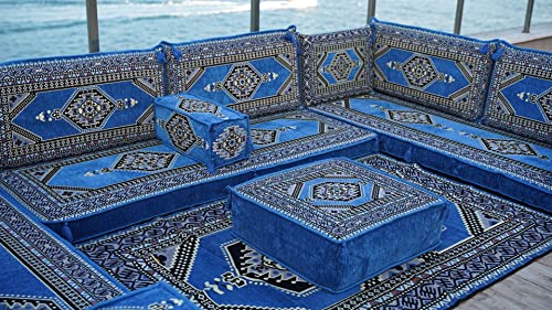 U Shaped Blue Floor Cushions, Modern Arabic Majlis Set, Floor Sofa Set, Ethnic Sofa, Arabic Jalsa, Moroccan Sofa, Sectional Sofa With Ottoman, Sofa Bed (U Sofa + Rug + Ottoman) #TOP2