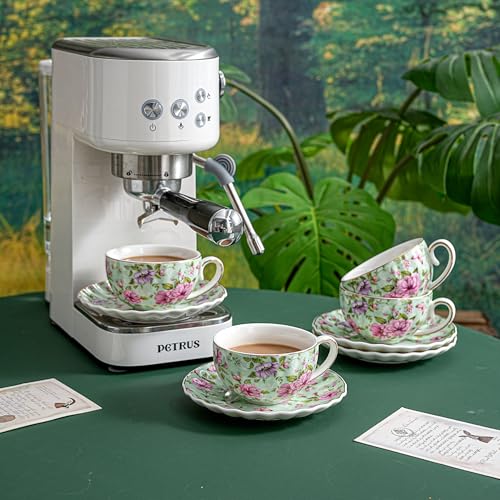 Agyiuns Tea Cup and Saucers, 6.4oz Floral Tea Cups with Gold Trim, Porcelain Teacup, Coffee Cappuccino Espresso Latte Mugs for Party Birthday,Party Cafe Home, Christmas Gift (Green) - Thumbnail 4