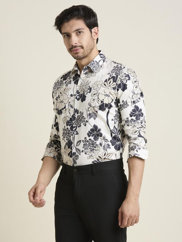 Image of MARK & ALBERT Men's Printed Full Sleeves Regular Fit Shirt Blue | 100% Cotton Stretchable Fabric