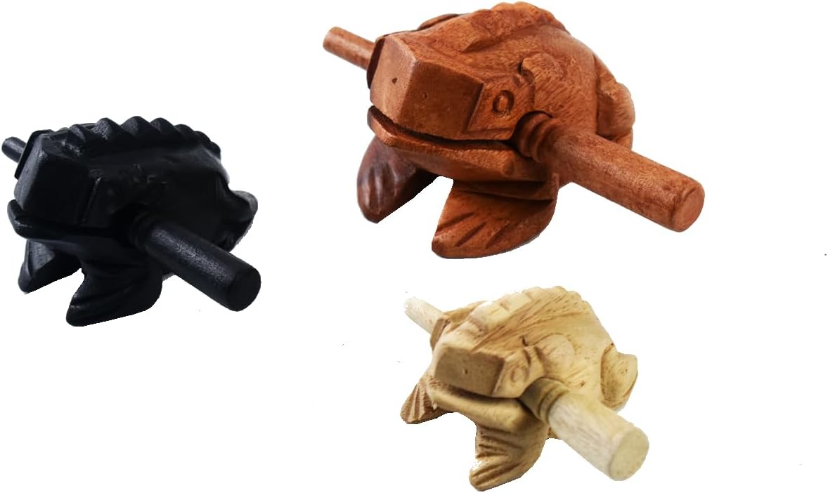 Percussion Instruments Wooden Frog 3 Piece Set of 4 Inch Brow Frog, 3 Inch Black Frog, 2 Inch Natural Wood Frog, Products From Thailand,wooden frog musical instrument.