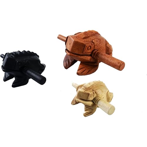 Guiros Percussion Instruments Wooden Frog 3 Piece Set of 4 Inch, 3 Inch, 2.75 Inch, Wooden Frog Musical Instrument (Brown/Black/Natural Color) (ฺBubble wrap Package))