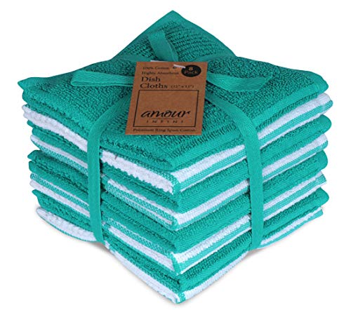 AMOUR INFINI Terry Dish Cloth | Set of 8 | 30 x 30 cm | Durable, Super Soft and Absorbent |100% Cotton Dish Rags | Perfect for Household and Commercial Uses | Teal
