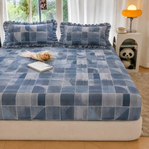 Image of VOMZER King Size (60x78) 300 TC Soft Cotton Feel Microfiber All Around Elastic Fitted Double Queen Bedsheet with 2 Frill Pillow Covers | Grey Blue Geometric