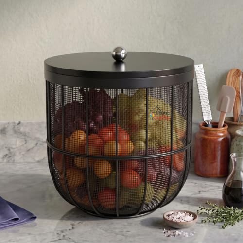 Image of Decorative Net (Jaali) Design Fruit and Vegetables Basket with Natural Wooden Lid | Premium Insect Resistant Storage Organizer for Home and Kitchen - Black
