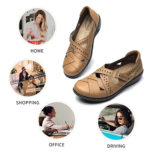 Irrefour Women's Classic Brown Genuine Leather Casual Loafer Cute Slip-On Fashion Closed Toe Flat Sandal Comfy Work Sandal Everyday Walking Shoe 1607-Zon060 #TOP3