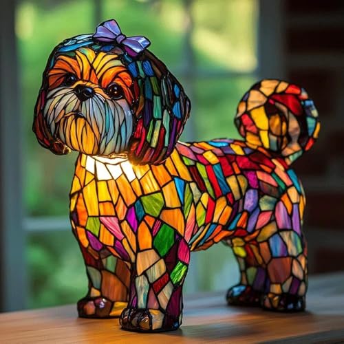 Fanyil Glowbuddy Dog Lamp, Cumuul Dog Lamp, Cumuul Glow Buddy Do-g Lamps, Dogs Cat Lam-p Stained Glass, Cute Dogs Series Art Night Light, Retro Stained Resin Tabletop Night Light, for Pet Lovers (C)