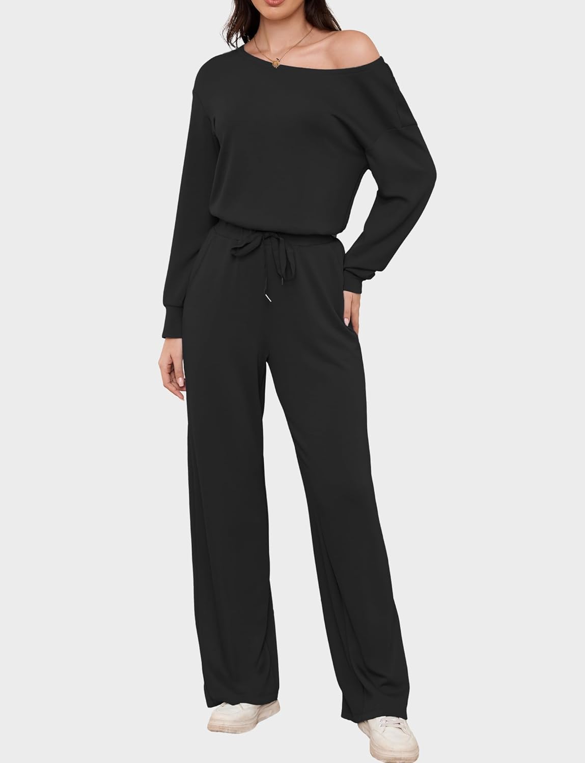 Casly Lamiit Women's Jumpsuits Dressy Casual Off Shoulder Long Sleeve Wide Leg Pants Romper One Piece Outfits with Pockets - Image 5