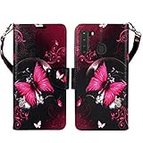 ZASE Design Cover for Samsung Galaxy A21 Protective Case, Galaxy A21 6.5inch Wallet Pouch Cute Woman Girls Premium PU Leather Flip Folio w/Kickstand ID Card Slot Wrist Strap (Hot Pink Butterfly)